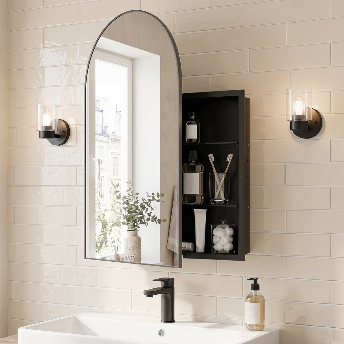 34 inches x 22 inches Brushed Metal Wall-Mounted Storage Cabinet with Arched Mirror and Adjustable Shelves-Black view 2