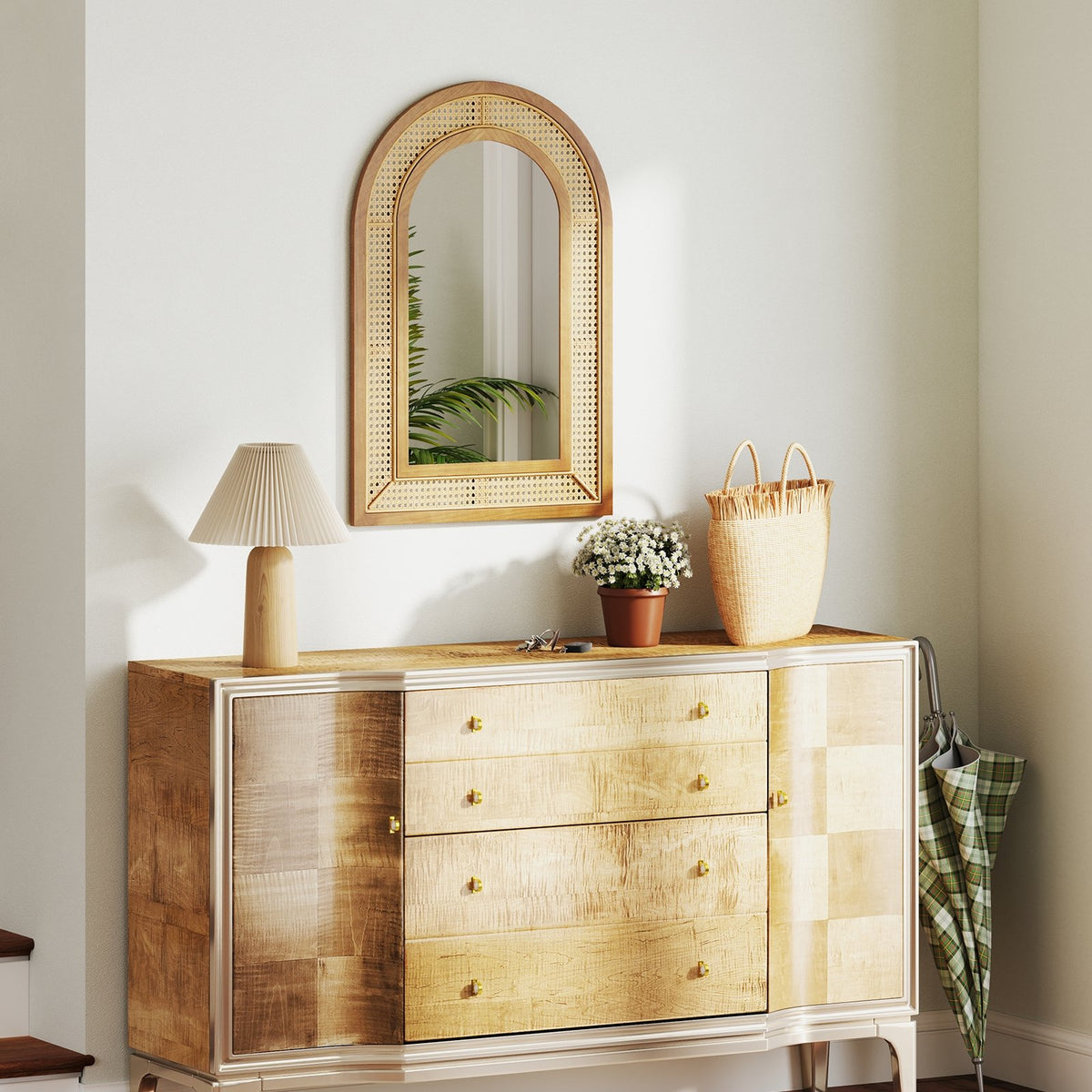 35.5 Inches x 23.5 Inches Rattan Wall Mounted Decorative Mirror with Wooden Frame-Natural view 2