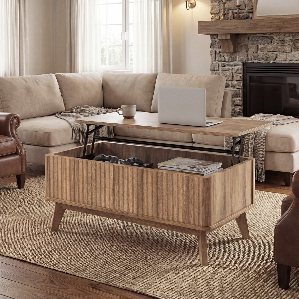 35.5 inches Rectangle Wooden Fluted Lift Top Coffee Table-Walnut view 2