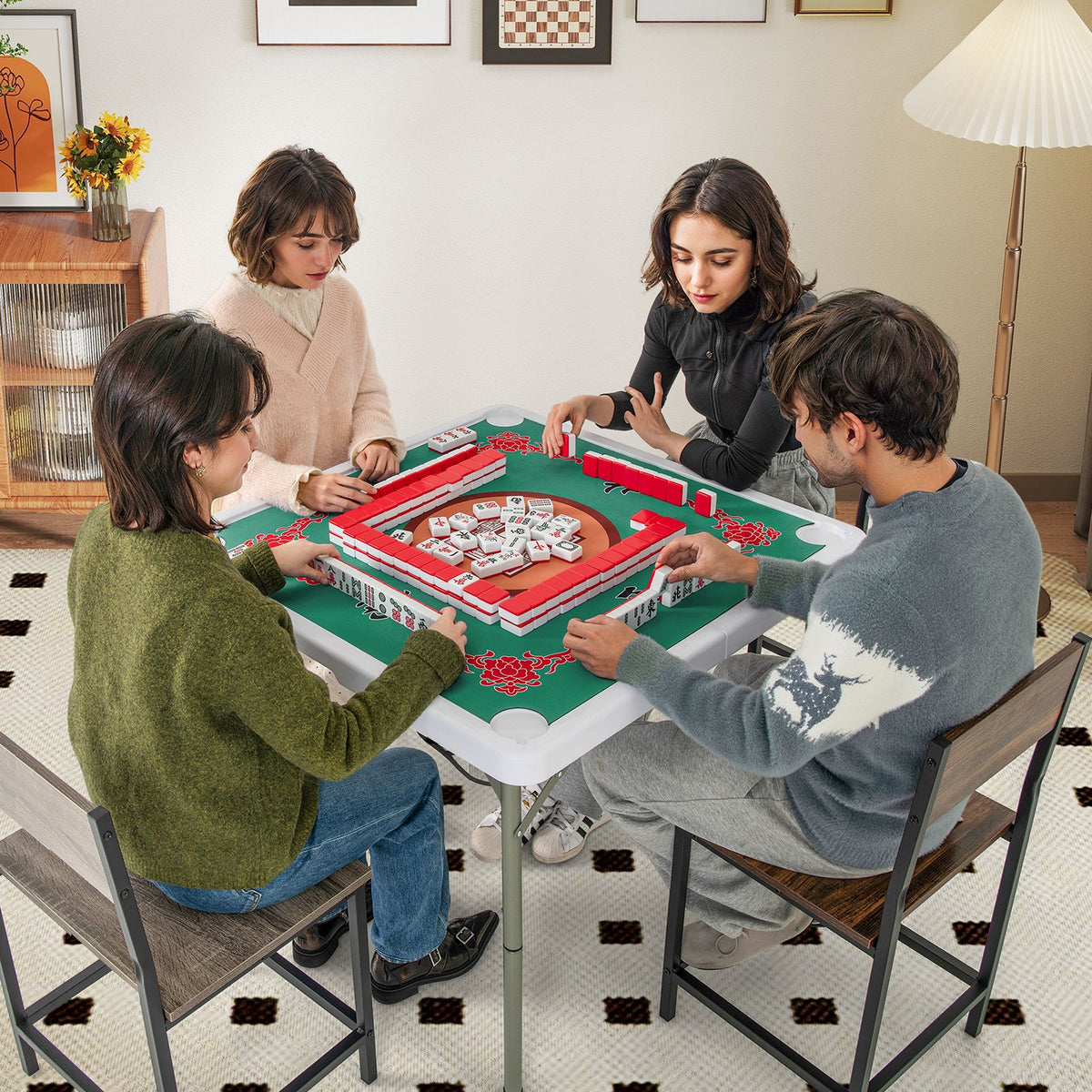 35 Inch 4 Player Game Card Folding Mahjong Table with Cup Holders-Light Green view 2