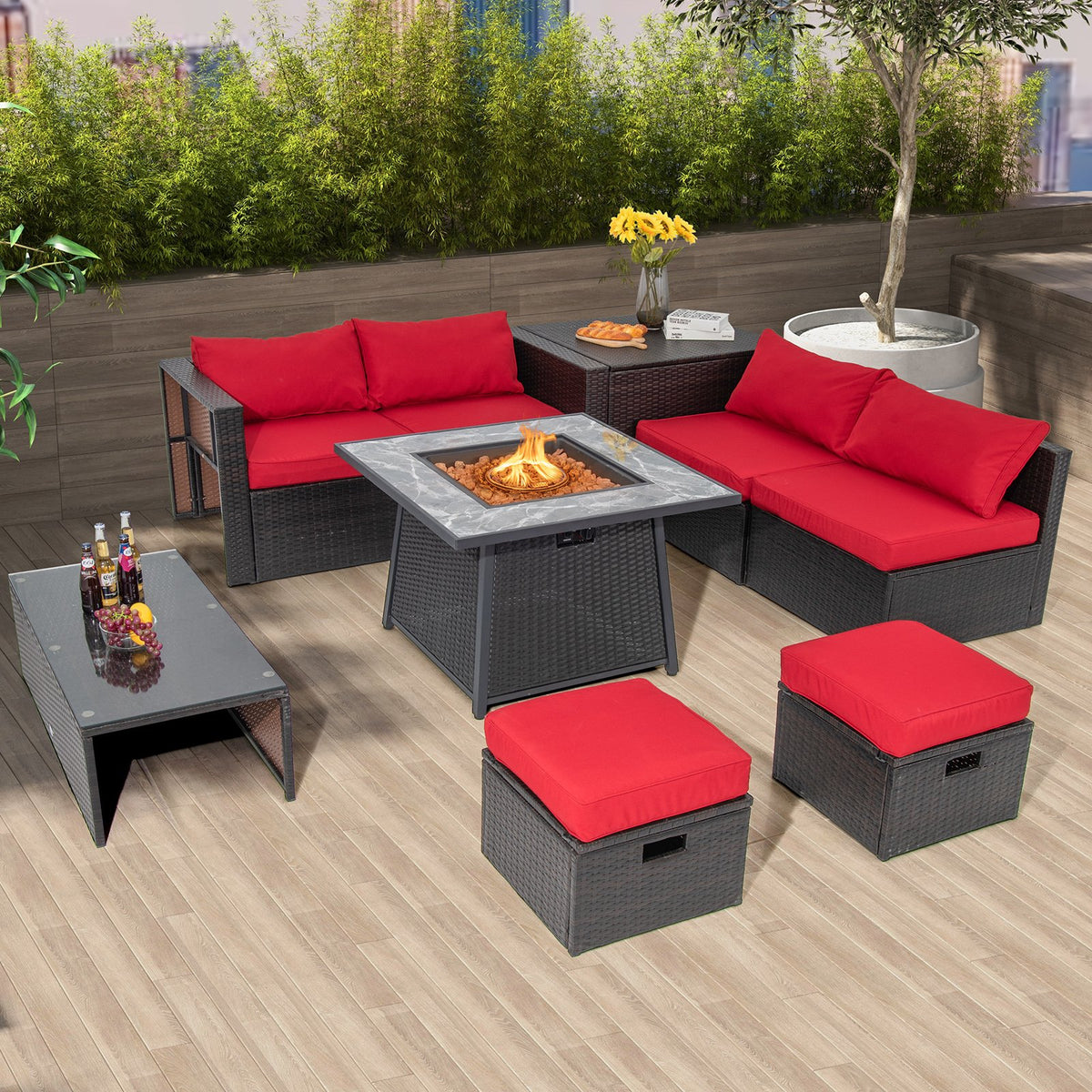 35 Inch Propane Gas Fire Pit Table Wicker Rattan with Lava Rocks PVC Cover-Black view 2