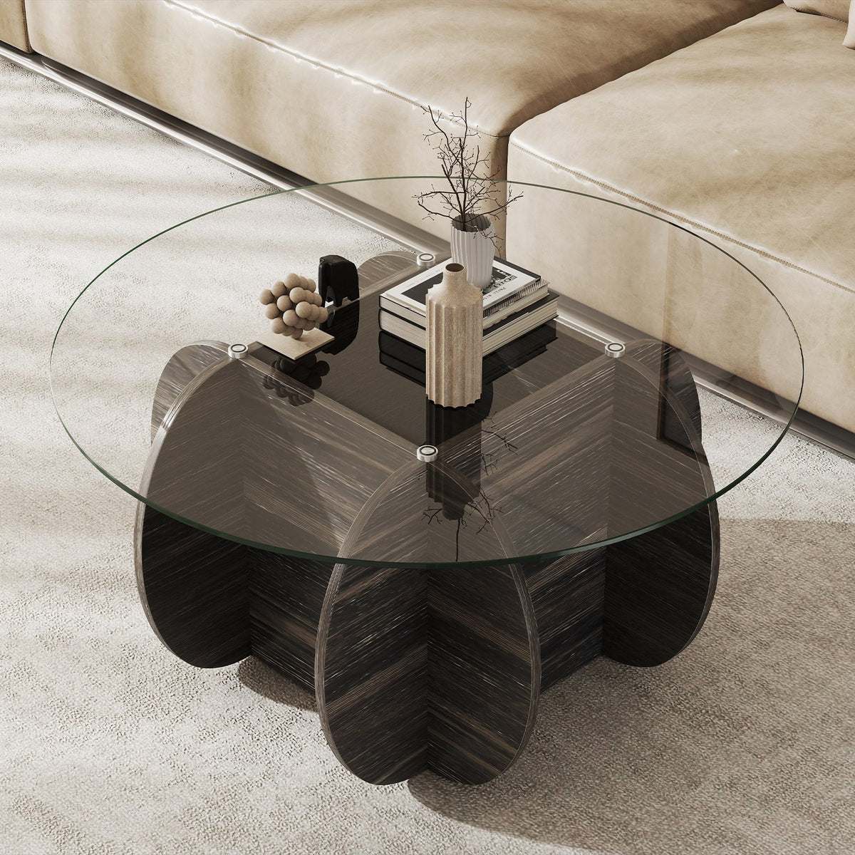 35 inches Round Coffee Table Unique Circle Center Table with Tempered Glass Top and Solid Wood Base-Black view 2