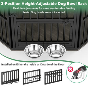 35.5 inches Wooden Dog Kennel End Table with 3-Position Dog Bowl Rack-Oak view 9