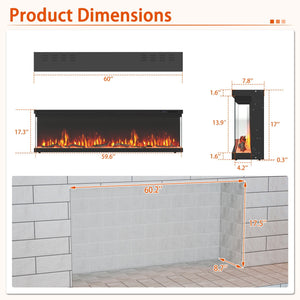 36/40/50/60 Inch Wide 3-Sided Electric Fireplace Insert with Remote Control and 12 Flame Colors-60 inch view 5