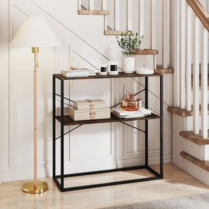 36 inches Console Table 2-Tier Entryway Table with Wooden Open Shelves and Metal Frame-Rustic Brown view 2
