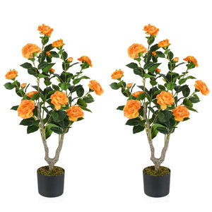 36 Inch Artificial Camellia Tree with Blooming Flower 2 Pack-Orange