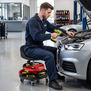 360° Rolling Mechanic Stool with 2 Tool Storage Trays-Red view 2