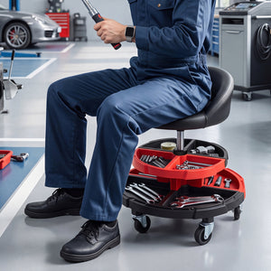 360° Rolling Mechanic Stool with 2 Tool Storage Trays-Red view 3