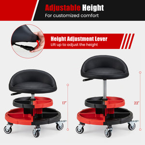 360° Rolling Mechanic Stool with 2 Tool Storage Trays-Red view 6