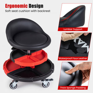 360° Rolling Mechanic Stool with 2 Tool Storage Trays-Red view 7