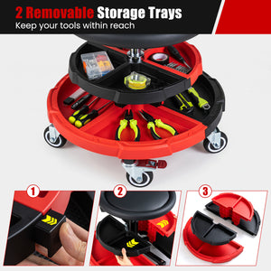 360° Rolling Mechanic Stool with 2 Tool Storage Trays-Red view 8