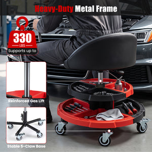 360° Rolling Mechanic Stool with 2 Tool Storage Trays-Red view 9