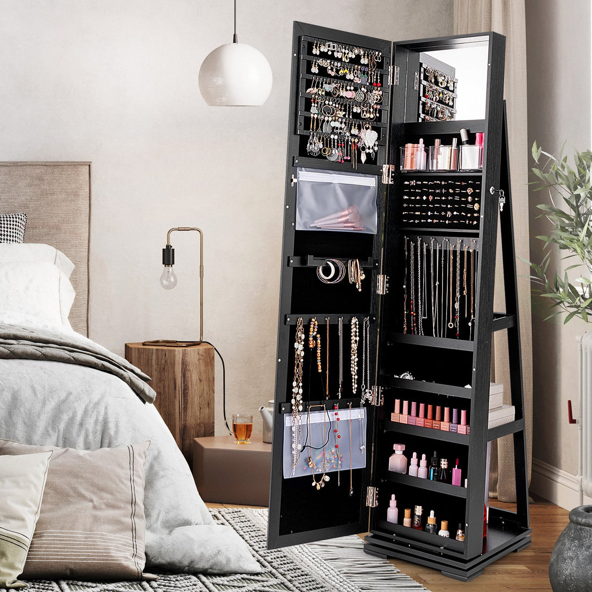 360° Rotatable 2-in-1 Lockable Jewelry Cabinet with Full-Length Mirror-Black view 2