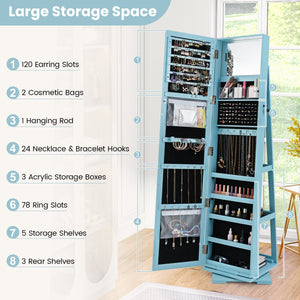 360° Rotatable 2-in-1 Lockable Jewelry Cabinet with Full-Length Mirror-Blue view 6