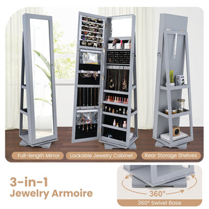 360° Rotatable 2-in-1 Lockable Jewelry Cabinet with Full-Length Mirror-Gray view 7