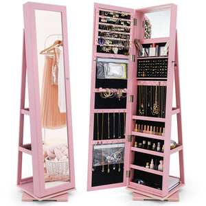 360° Rotatable 2-in-1 Lockable Jewelry Cabinet with Full-Length Mirror-Pink