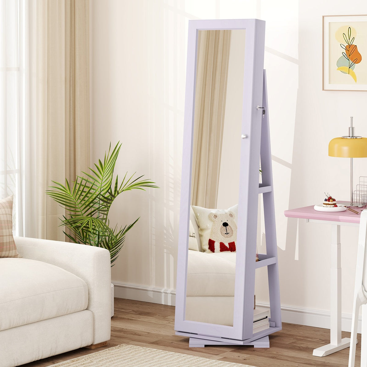 360° Rotatable 2-in-1 Lockable Jewelry Cabinet with Full-Length Mirror-Purple view 2