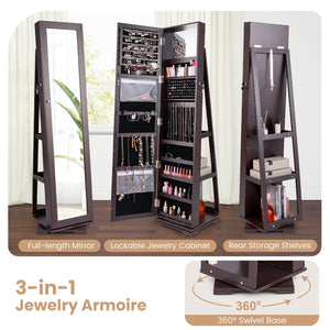 360° Rotatable 2-in-1 Lockable Jewelry Cabinet with Full-Length Mirror-Dark Brown view 6