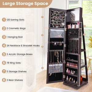 360° Rotatable 2-in-1 Lockable Jewelry Cabinet with Full-Length Mirror-Dark Brown view 7