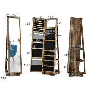 360° Rotatable Armoire 2-in-1 Lockable Mirrored Jewelry Cabinet-Rustic Brown view 5