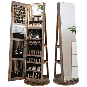 360° Rotating Mirrored Jewelry Cabinet Armoire 3 Color LED Modes Lockable-Brown view 8