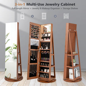 360° Rotating Mirrored Jewelry Cabinet Armoire 3 Color LED Modes Lockable-Dark Brown view 3