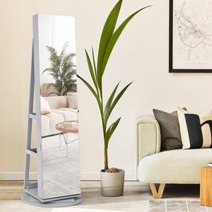 360° Rotating Mirrored Jewelry Cabinet Armoire 3 Color LED Modes Lockable-Gray view 2