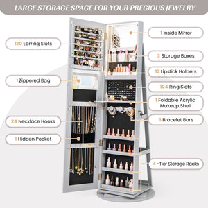360° Rotating Mirrored Jewelry Cabinet Armoire 3 Color LED Modes Lockable-Gray view 6