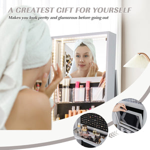 360° Rotating Mirrored Jewelry Cabinet Armoire 3 Color LED Modes Lockable-Gray view 8