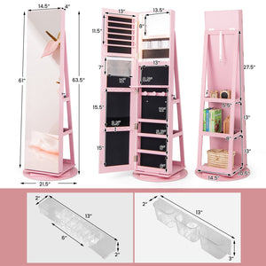 360° Rotating Mirrored Jewelry Cabinet Armoire 3 Color LED Modes Lockable-Pink view 4