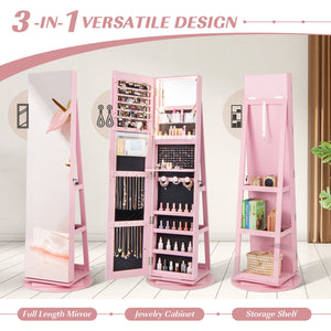 360° Rotating Mirrored Jewelry Cabinet Armoire 3 Color LED Modes Lockable-Pink view 5