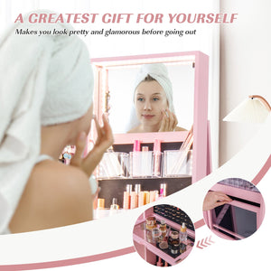 360° Rotating Mirrored Jewelry Cabinet Armoire 3 Color LED Modes Lockable-Pink view 8