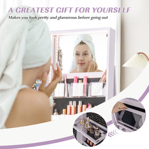 360° Rotating Mirrored Jewelry Cabinet Armoire 3 Color LED Modes Lockable-Purple view 8