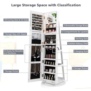 360° Rotating Mirrored Jewelry Cabinet Armoire 3 Color LED Modes Lockable-White view 7