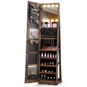 360° Swivel Freestanding Jewelry Cabinet with Lighted Full Length Mirror-Rustic Brown