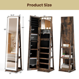 360° Swivel Freestanding Jewelry Cabinet with Lighted Full Length Mirror-Rustic Brown view 5