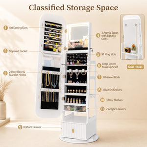 360° Swivel Jewelry Cabinet with Full-Length Mirror and Dual Hooks-White view 7