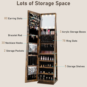 360° Swivel Jewelry Cabinet with Full Length Mirror-Rustic Brown view 7