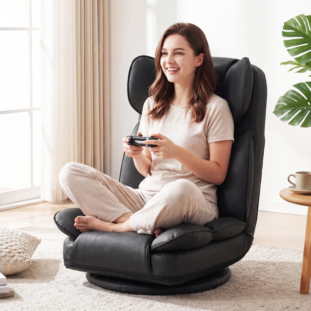 360 Degree Swivel Floor Gaming Chair with 6-Position Adjustable Backrest and Sponge Filling-Black view 2