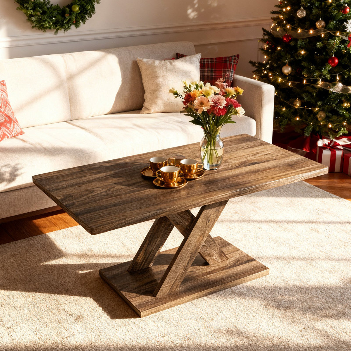 37.5 Inch Rectangular Coffee Table with Stable Base and Rubber Wood Connection for Living Room-Brown view 2