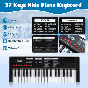 37 Keys Kids Piano Keyboard with 8 Rhythms and Microphone-Black view 7