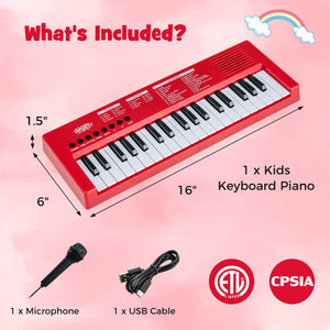 37 Keys Kids Piano Keyboard with 8 Rhythms and Microphone-Red view 5