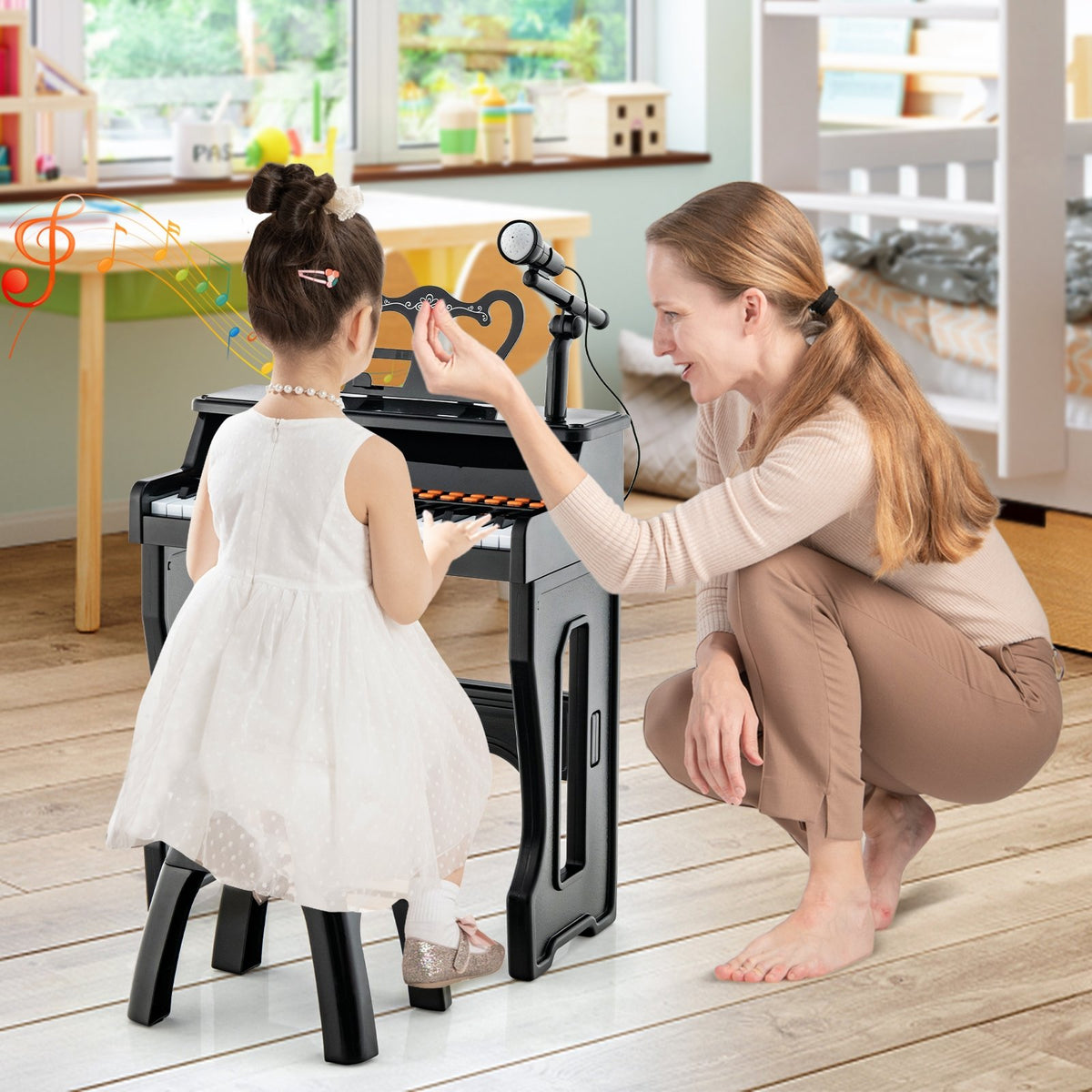 37 Keys Music Piano with Microphone Kids Piano Keyboard with Detachable Music Stand-Black view 2