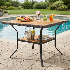 37 inches Square Outdoor Dining Table for 4 with Acacia Wood Tabletop and 2 inches Umbrella Hole-Brown view 2
