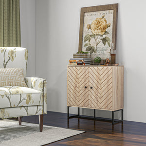 Modern Sideboard, Buffet Cabinet with 2 Chevron Doors and Adjustable Shelf, Kitchen Storage Cabinet with Steel Base, Coffee Bar Cabinet, 31.5" H, Oak