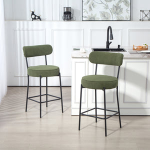 Set of 2 Barstools, Upholstered Corduroy Bar Stools with Backrest, Footrest for Kitchen Island, Dining Room, Green