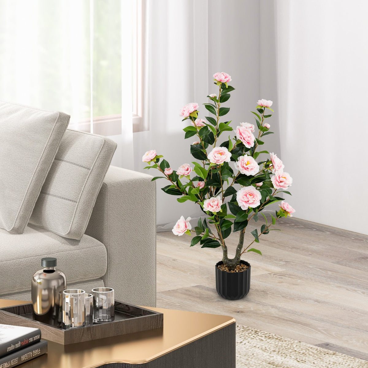 38 Inch Artificial Camellia Tree Faux Flower Plant in Cement Pot-Pink view 2