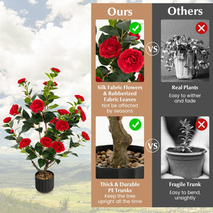 38 Inch Artificial Camellia Tree Faux Flower Plant in Cement Pot-Red view 9