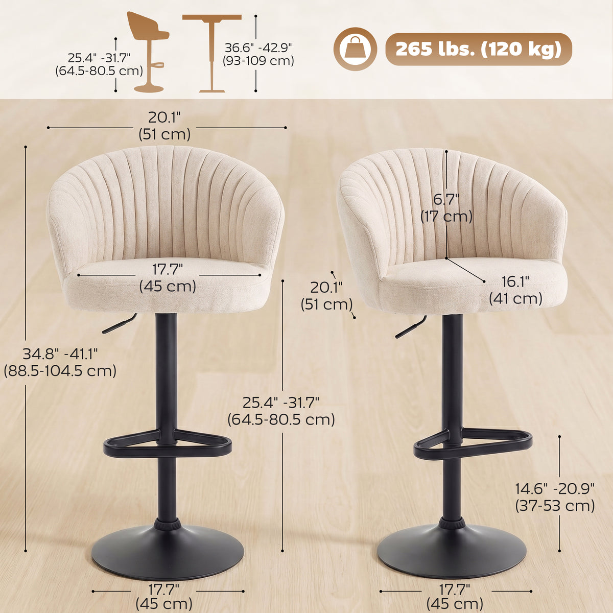 Bar Stools Set of 2, Swivel Counter Height Barstools with Back, Footrest, Adjustable Height, Beige – view 2