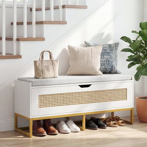 39.5 inches Rattan Storage Chest Wicker Shoe Bench with Padded Seat Flip-Top-White view 2